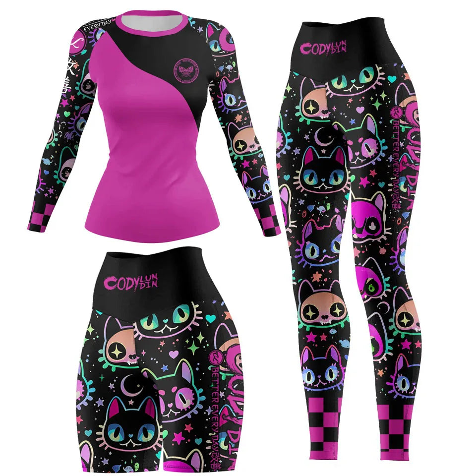 New Ladies Women Rash Guard Gym Clothing MMA Compression Sportswear Jiu Jitsu Rashguard T-shirts+Pant Boxing Grappling 4pcs/Set