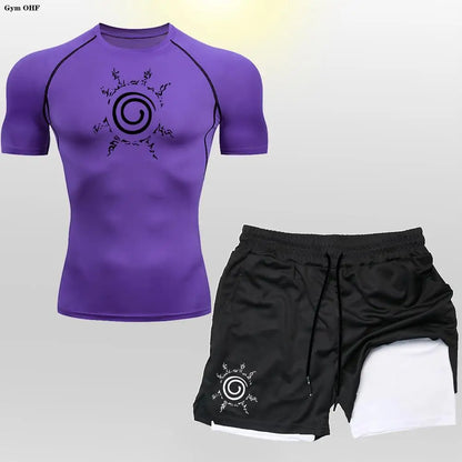 Anime Compression Shirt Men 2 in 1 Shorts Fitness Gym Workout MMA Rashguard Jiu Jitsu Running Joggers Training Clothes Sets