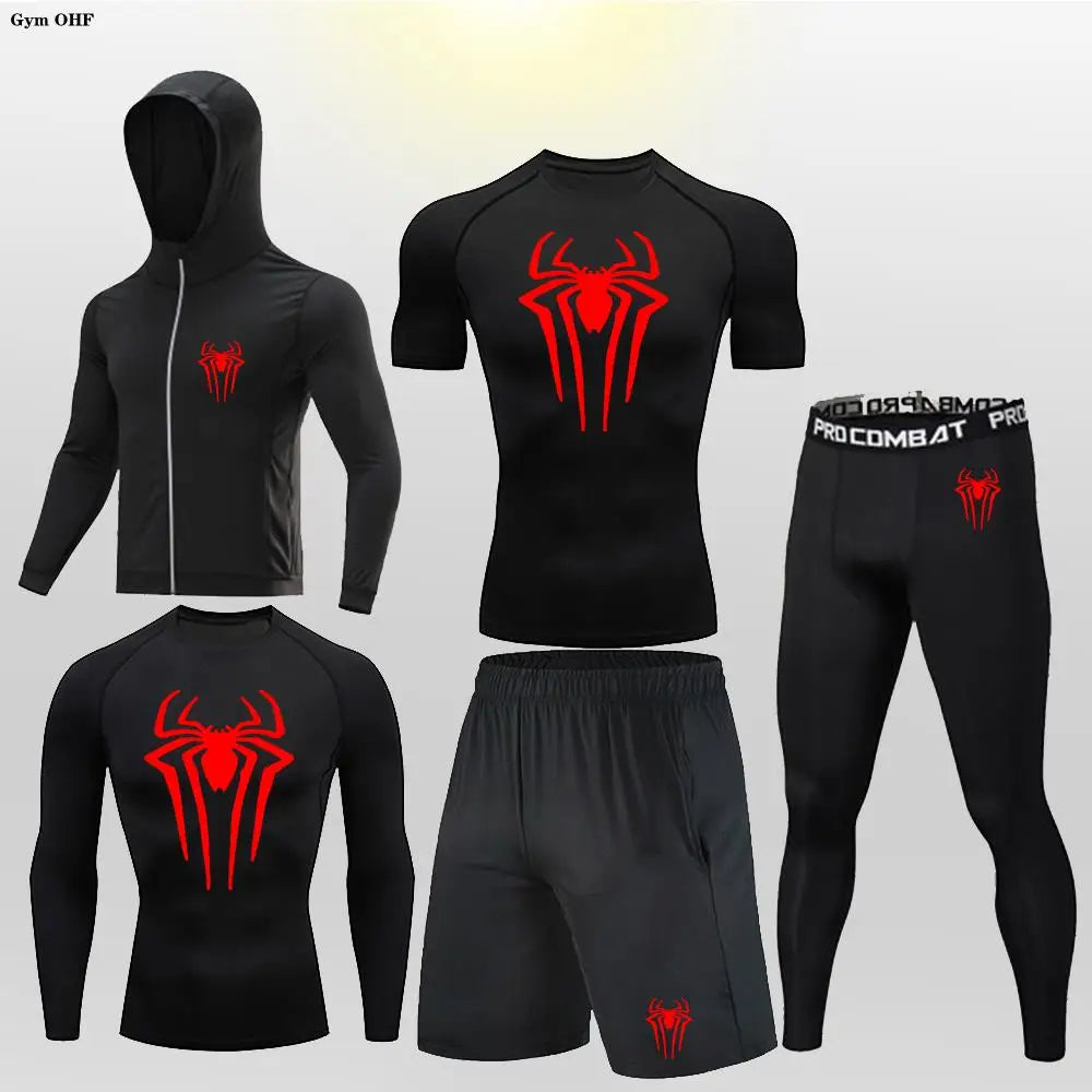 New Fashion Spider Summer Compression T Shirt Set Men Jiu Jitsu Tight Tracksuit Men Sets Fitness Clothing Sportswear Suit 2099