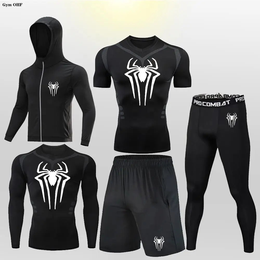 New Fashion Spider Summer Compression T Shirt Set Men Jiu Jitsu Tight Tracksuit Men Sets Fitness Clothing Sportswear Suit 2099