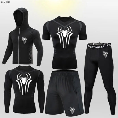 New Fashion Spider Summer Compression T Shirt Set Men Jiu Jitsu Tight Tracksuit Men Sets Fitness Clothing Sportswear Suit 2099