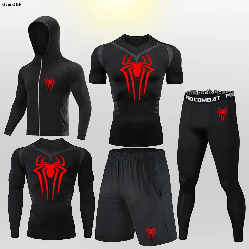 New Fashion Spider Summer Compression T Shirt Set Men Jiu Jitsu Tight Tracksuit Men Sets Fitness Clothing Sportswear Suit 2099
