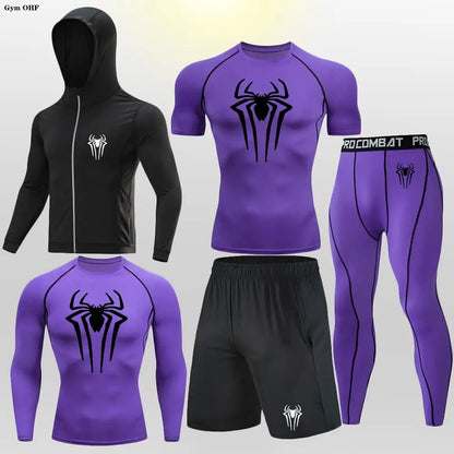 New Fashion Spider Summer Compression T Shirt Set Men Jiu Jitsu Tight Tracksuit Men Sets Fitness Clothing Sportswear Suit 2099