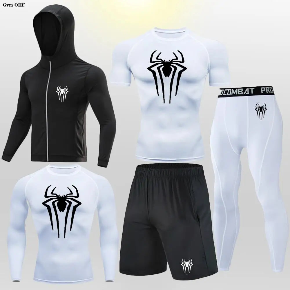 New Fashion Spider Summer Compression T Shirt Set Men Jiu Jitsu Tight Tracksuit Men Sets Fitness Clothing Sportswear Suit 2099