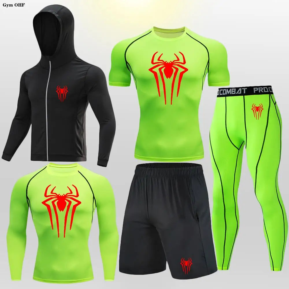 New Fashion Spider Summer Compression T Shirt Set Men Jiu Jitsu Tight Tracksuit Men Sets Fitness Clothing Sportswear Suit 2099
