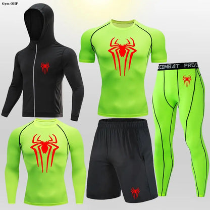New Fashion Spider Summer Compression T Shirt Set Men Jiu Jitsu Tight Tracksuit Men Sets Fitness Clothing Sportswear Suit 2099