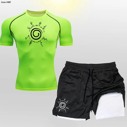 Anime Compression Shirt Men 2 in 1 Shorts Fitness Gym Workout MMA Rashguard Jiu Jitsu Running Joggers Training Clothes Sets