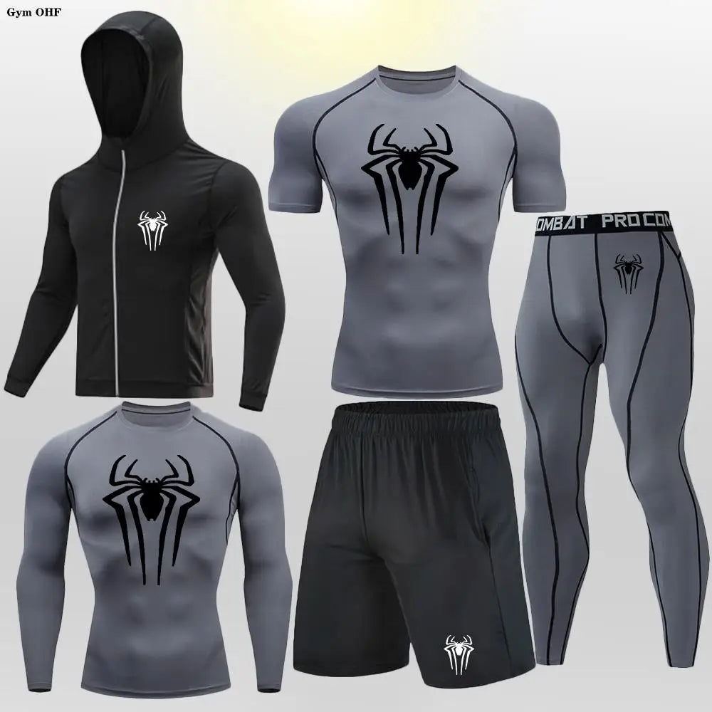 New Fashion Spider Summer Compression T Shirt Set Men Jiu Jitsu Tight Tracksuit Men Sets Fitness Clothing Sportswear Suit 2099