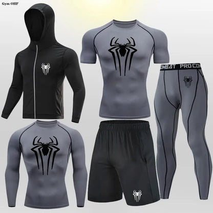 New Fashion Spider Summer Compression T Shirt Set Men Jiu Jitsu Tight Tracksuit Men Sets Fitness Clothing Sportswear Suit 2099