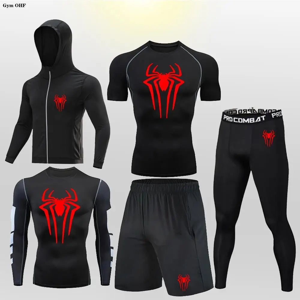 New Fashion Spider Summer Compression T Shirt Set Men Jiu Jitsu Tight Tracksuit Men Sets Fitness Clothing Sportswear Suit 2099