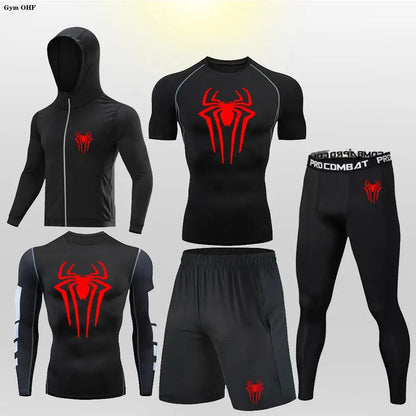 New Fashion Spider Summer Compression T Shirt Set Men Jiu Jitsu Tight Tracksuit Men Sets Fitness Clothing Sportswear Suit 2099
