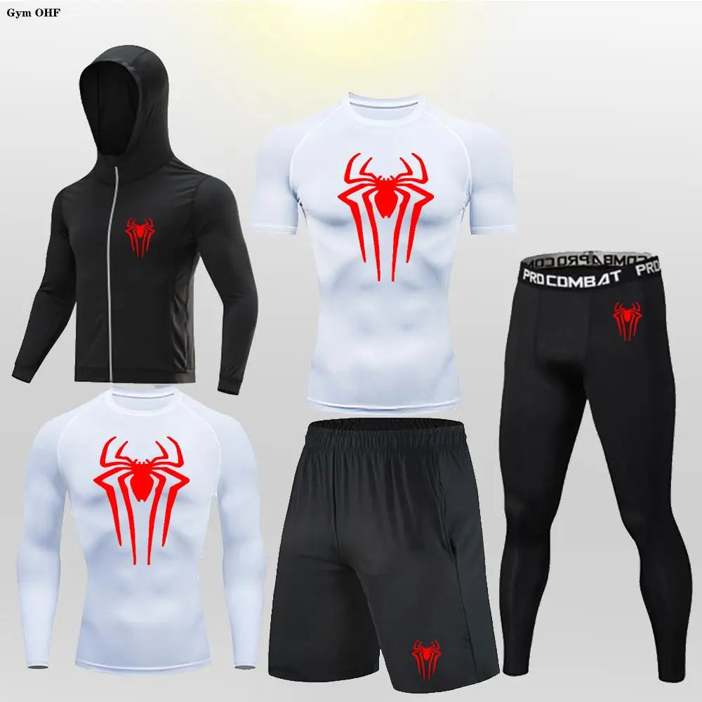 New Fashion Spider Summer Compression T Shirt Set Men Jiu Jitsu Tight Tracksuit Men Sets Fitness Clothing Sportswear Suit 2099