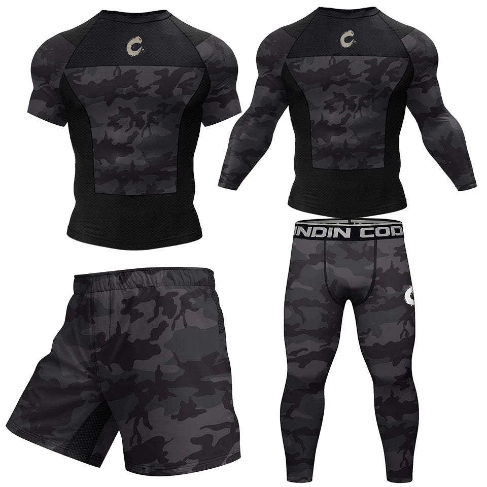 Men's MMA BJJ Quick Dry Spandex Rash Guard Set Boxing Rashguard Compression T-shirt+Shorts Muay Thai Training Workout Sportswear