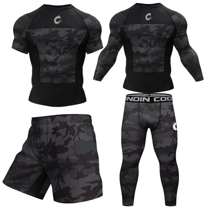 Men's MMA BJJ Quick Dry Spandex Rash Guard Set Boxing Rashguard Compression T-shirt+Shorts Muay Thai Training Workout Sportswear