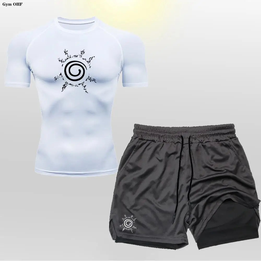Anime Compression Shirt Men 2 in 1 Shorts Fitness Gym Workout MMA Rashguard Jiu Jitsu Running Joggers Training Clothes Sets