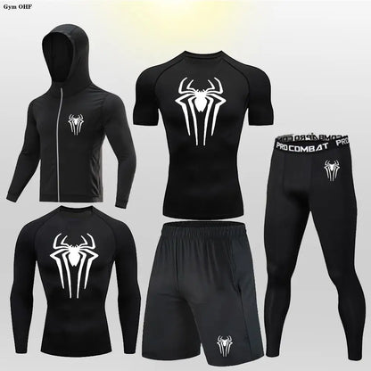 New Fashion Spider Summer Compression T Shirt Set Men Jiu Jitsu Tight Tracksuit Men Sets Fitness Clothing Sportswear Suit 2099
