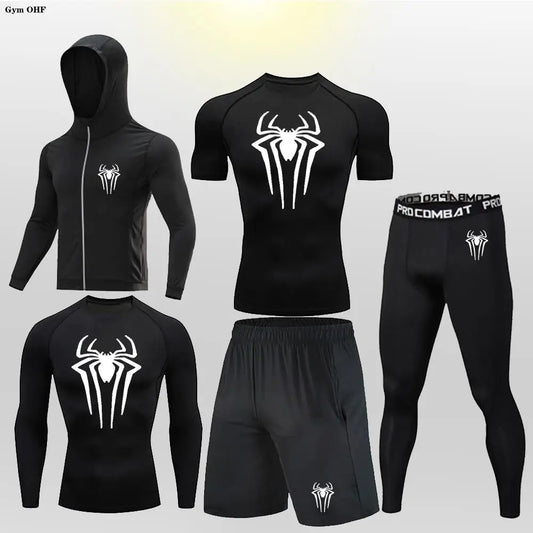 New Fashion Spider Summer Compression T Shirt Set Men Jiu Jitsu Tight Tracksuit Men Sets Fitness Clothing Sportswear Suit 2099