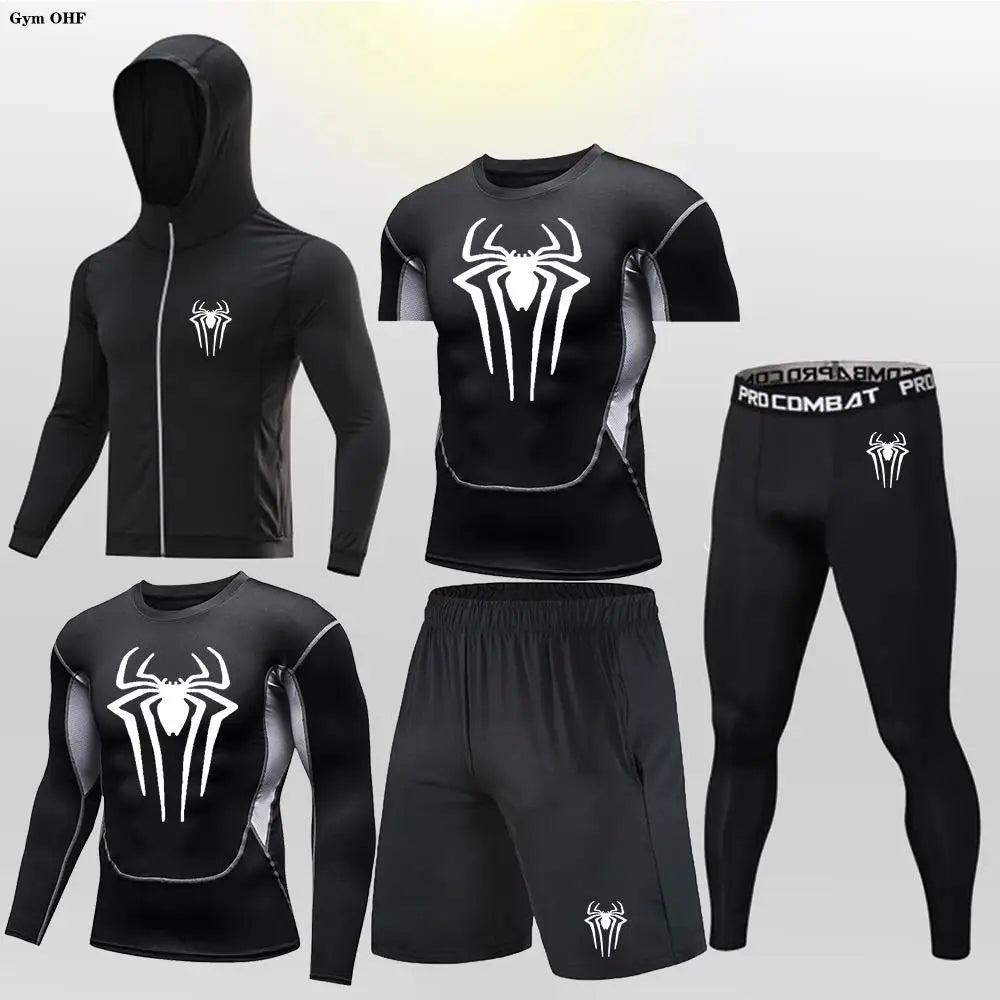 New Fashion Spider Summer Compression T Shirt Set Men Jiu Jitsu Tight Tracksuit Men Sets Fitness Clothing Sportswear Suit 2099