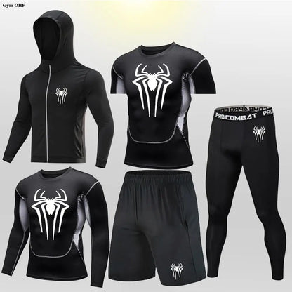 New Fashion Spider Summer Compression T Shirt Set Men Jiu Jitsu Tight Tracksuit Men Sets Fitness Clothing Sportswear Suit 2099