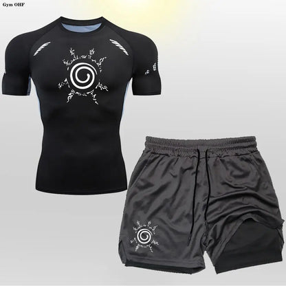 Anime Compression Shirt Men 2 in 1 Shorts Fitness Gym Workout MMA Rashguard Jiu Jitsu Running Joggers Training Clothes Sets