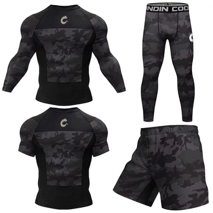 Men's MMA BJJ Quick Dry Spandex Rash Guard Set Boxing Rashguard Compression T-shirt+Shorts Muay Thai Training Workout Sportswear