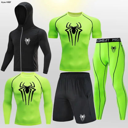 New Fashion Spider Summer Compression T Shirt Set Men Jiu Jitsu Tight Tracksuit Men Sets Fitness Clothing Sportswear Suit 2099