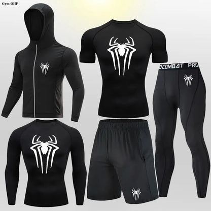 New Fashion Spider Summer Compression T Shirt Set Men Jiu Jitsu Tight Tracksuit Men Sets Fitness Clothing Sportswear Suit 2099