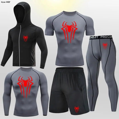 New Fashion Spider Summer Compression T Shirt Set Men Jiu Jitsu Tight Tracksuit Men Sets Fitness Clothing Sportswear Suit 2099