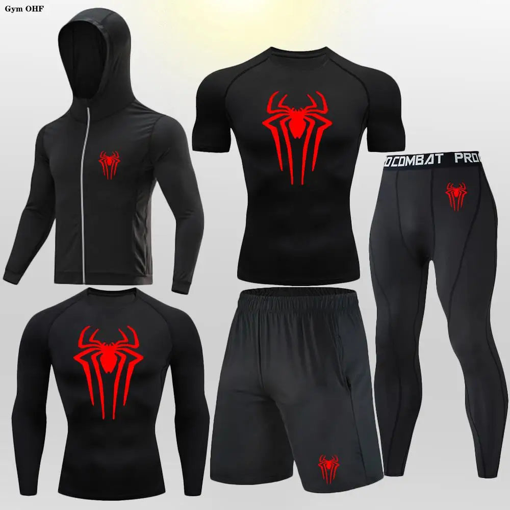 New Fashion Spider Summer Compression T Shirt Set Men Jiu Jitsu Tight Tracksuit Men Sets Fitness Clothing Sportswear Suit 2099