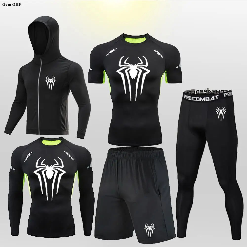 New Fashion Spider Summer Compression T Shirt Set Men Jiu Jitsu Tight Tracksuit Men Sets Fitness Clothing Sportswear Suit 2099