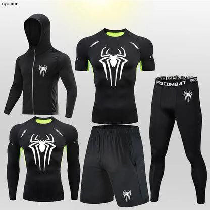 New Fashion Spider Summer Compression T Shirt Set Men Jiu Jitsu Tight Tracksuit Men Sets Fitness Clothing Sportswear Suit 2099