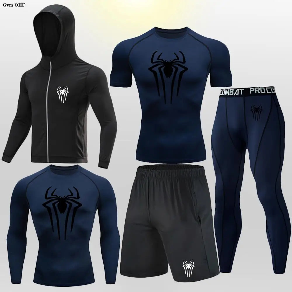 New Fashion Spider Summer Compression T Shirt Set Men Jiu Jitsu Tight Tracksuit Men Sets Fitness Clothing Sportswear Suit 2099