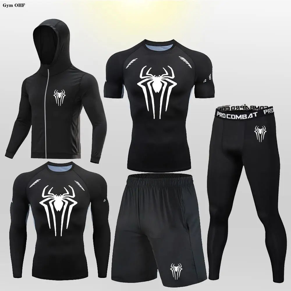 New Fashion Spider Summer Compression T Shirt Set Men Jiu Jitsu Tight Tracksuit Men Sets Fitness Clothing Sportswear Suit 2099