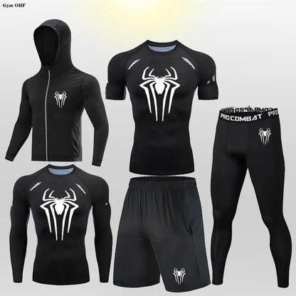 New Fashion Spider Summer Compression T Shirt Set Men Jiu Jitsu Tight Tracksuit Men Sets Fitness Clothing Sportswear Suit 2099