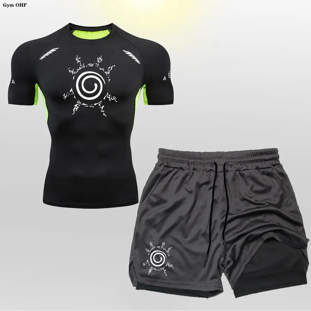 Anime Compression Shirt Men 2 in 1 Shorts Fitness Gym Workout MMA Rashguard Jiu Jitsu Running Joggers Training Clothes Sets