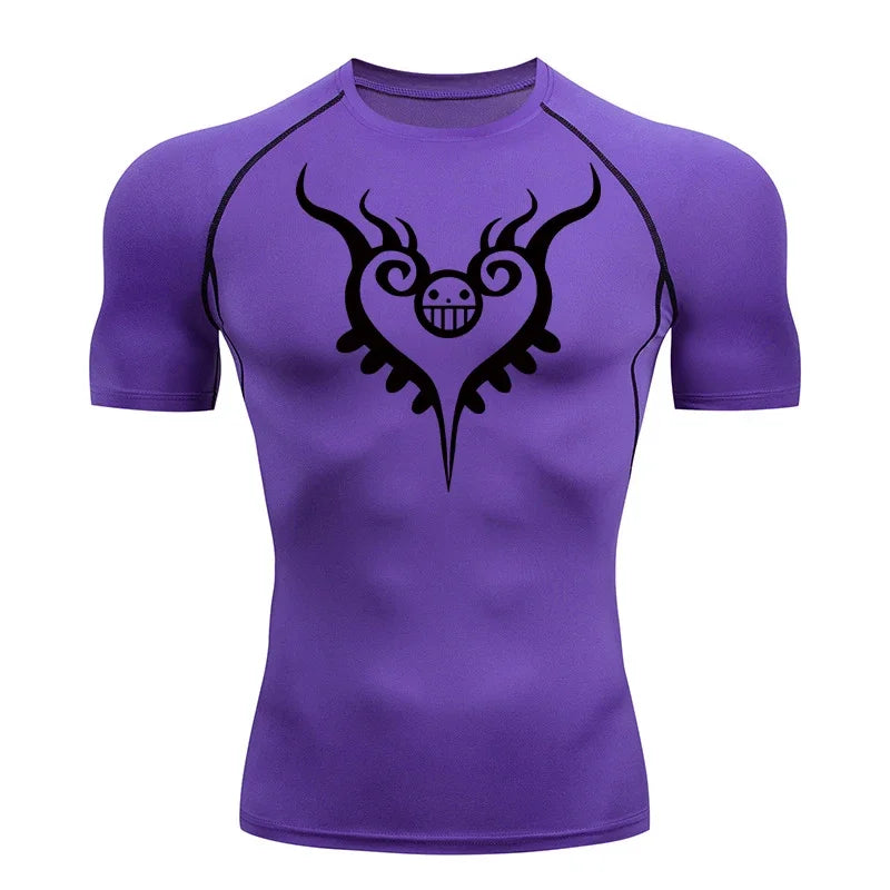 Men's Gym Workout Fitness Compression Shirts Anime Print Rash Guard Short Sleeve Undershirts Baselayer Athletic Tshirt Tees Tops
