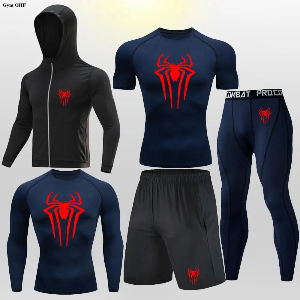 New Fashion Spider Summer Compression T Shirt Set Men Jiu Jitsu Tight Tracksuit Men Sets Fitness Clothing Sportswear Suit 2099