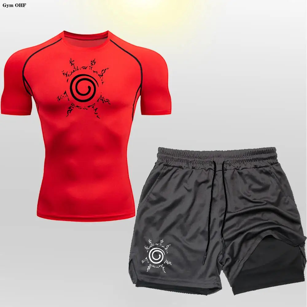 Anime Compression Shirt Men 2 in 1 Shorts Fitness Gym Workout MMA Rashguard Jiu Jitsu Running Joggers Training Clothes Sets