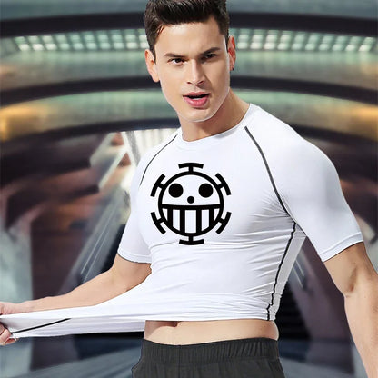 Men's Gym Workout Fitness Compression Shirts Anime Print Rash Guard Short Sleeve Undershirts Baselayer Athletic Tshirt Tees Tops