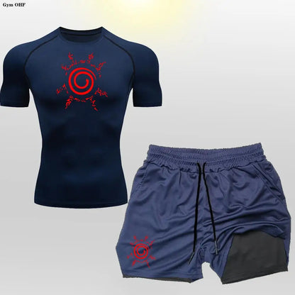 Anime Compression Shirt Men 2 in 1 Shorts Fitness Gym Workout MMA Rashguard Jiu Jitsu Running Joggers Training Clothes Sets