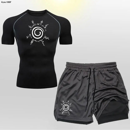 Anime Compression Shirt Men 2 in 1 Shorts Fitness Gym Workout MMA Rashguard Jiu Jitsu Running Joggers Training Clothes Sets