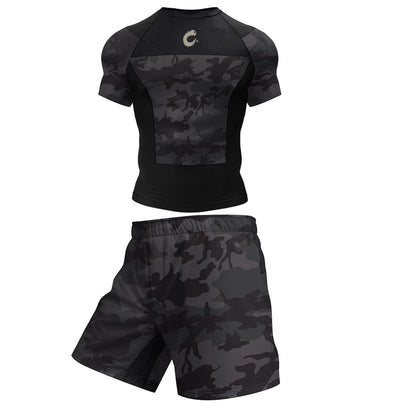 Men's MMA BJJ Quick Dry Spandex Rash Guard Set Boxing Rashguard Compression T-shirt+Shorts Muay Thai Training Workout Sportswear