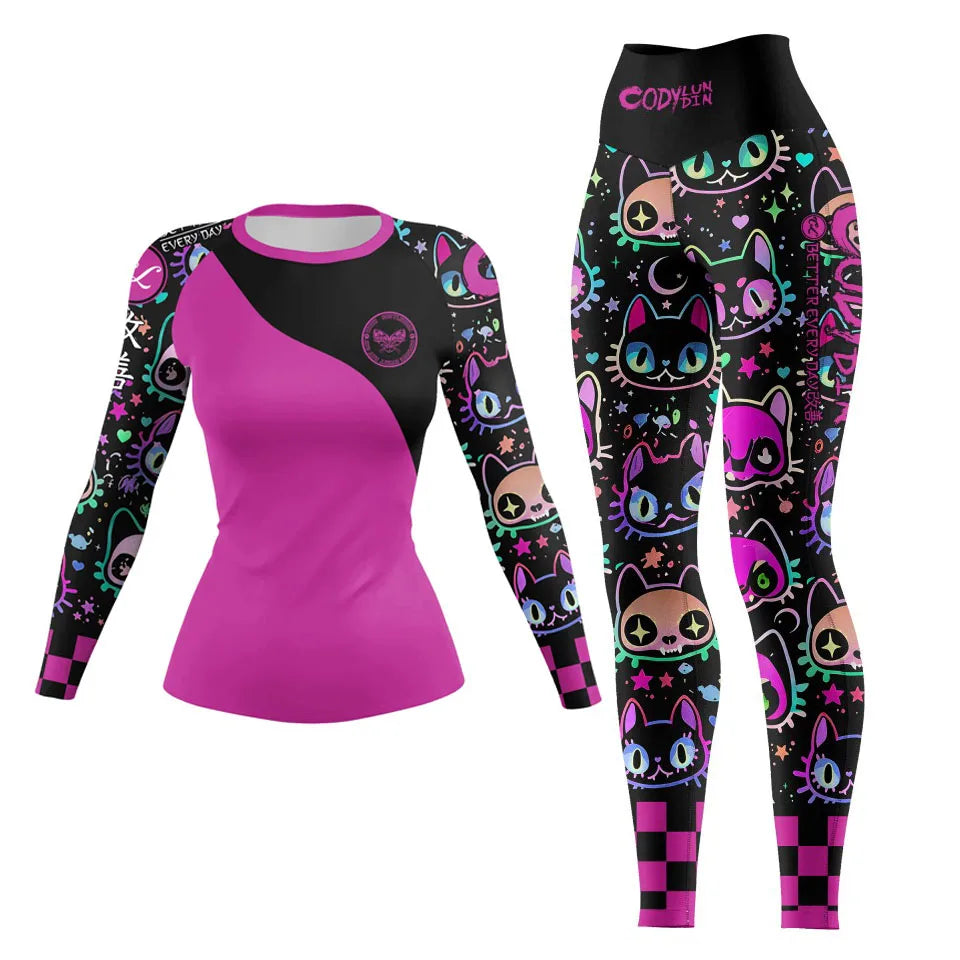 New Ladies Women Rash Guard Gym Clothing MMA Compression Sportswear Jiu Jitsu Rashguard T-shirts+Pant Boxing Grappling 4pcs/Set