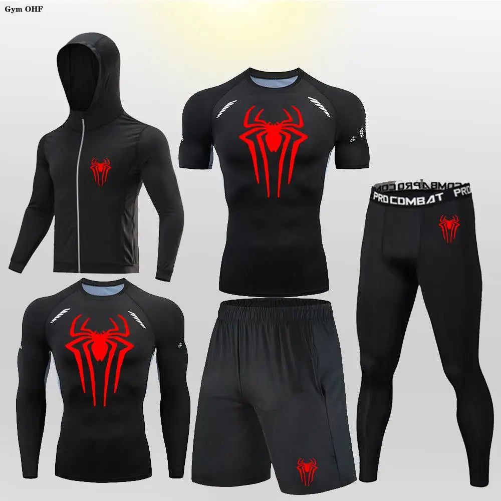 New Fashion Spider Summer Compression T Shirt Set Men Jiu Jitsu Tight Tracksuit Men Sets Fitness Clothing Sportswear Suit 2099