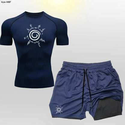 Anime Compression Shirt Men 2 in 1 Shorts Fitness Gym Workout MMA Rashguard Jiu Jitsu Running Joggers Training Clothes Sets