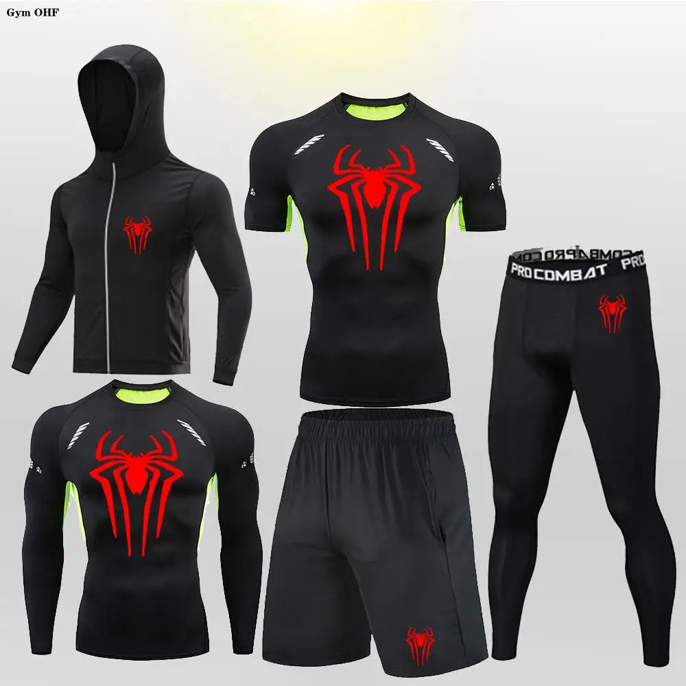 New Fashion Spider Summer Compression T Shirt Set Men Jiu Jitsu Tight Tracksuit Men Sets Fitness Clothing Sportswear Suit 2099