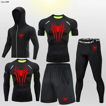 New Fashion Spider Summer Compression T Shirt Set Men Jiu Jitsu Tight Tracksuit Men Sets Fitness Clothing Sportswear Suit 2099