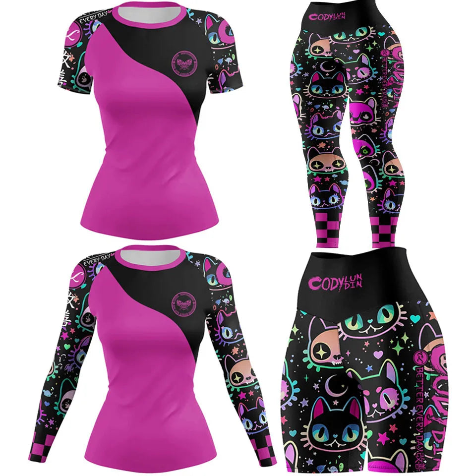 New Ladies Women Rash Guard Gym Clothing MMA Compression Sportswear Jiu Jitsu Rashguard T-shirts+Pant Boxing Grappling 4pcs/Set