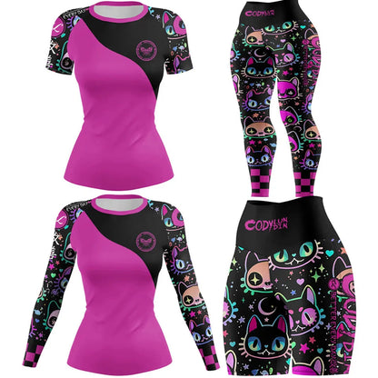 New Ladies Women Rash Guard Gym Clothing MMA Compression Sportswear Jiu Jitsu Rashguard T-shirts+Pant Boxing Grappling 4pcs/Set