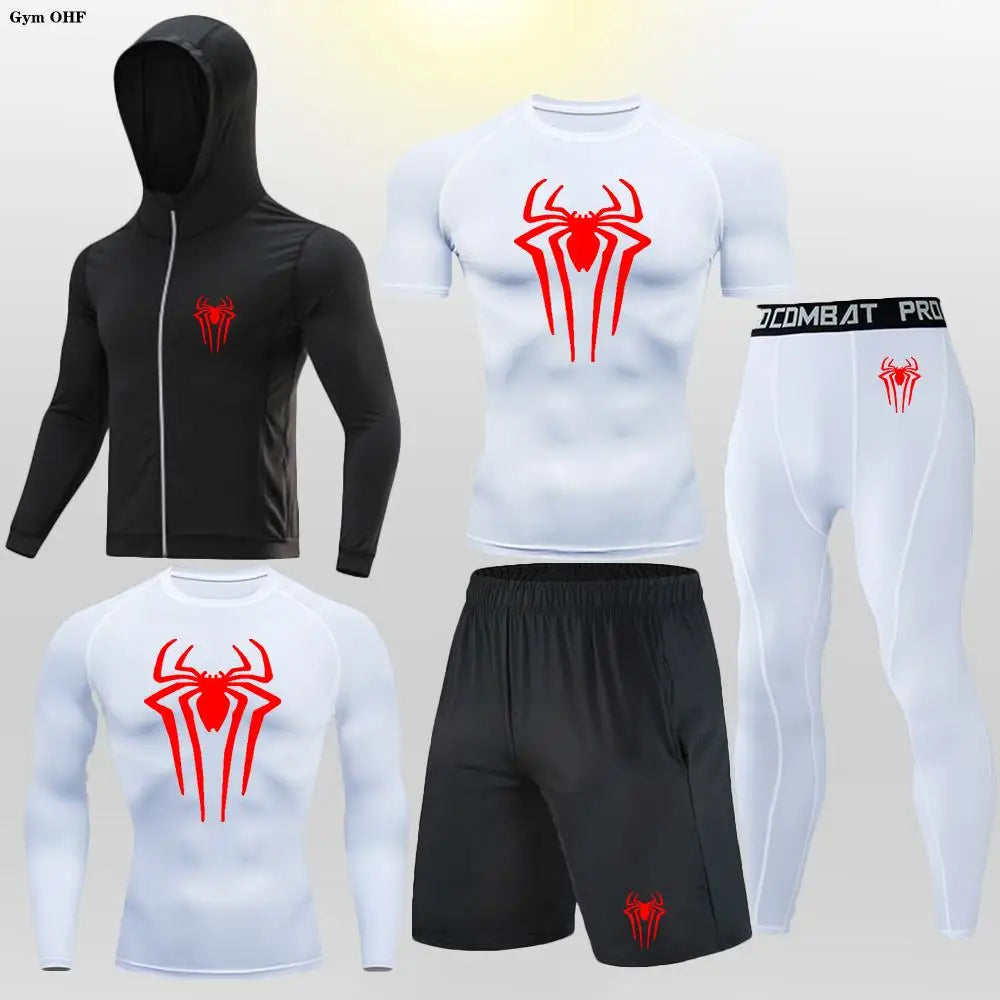 New Fashion Spider Summer Compression T Shirt Set Men Jiu Jitsu Tight Tracksuit Men Sets Fitness Clothing Sportswear Suit 2099